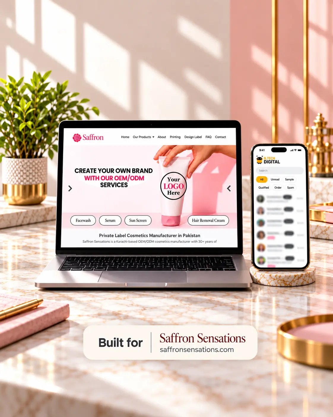 Saffron Sensations website and the BTech Digital WhatsApp CRM, built for our own cosmetics manufacturing business